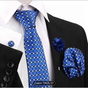 Men’s Silk Coordinated Tie Set - Blue with Check and White Dots